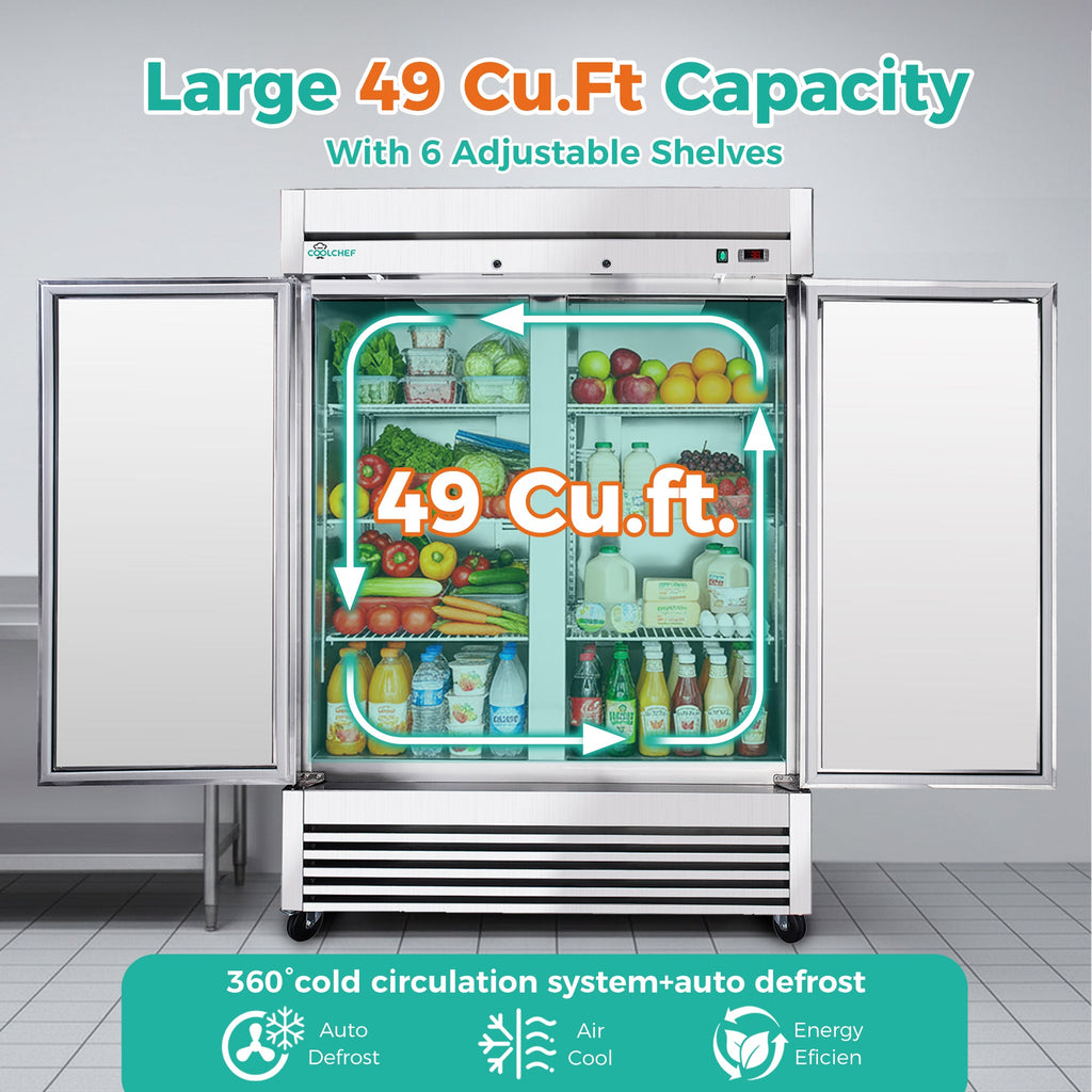54" Commercial Refrigerator 49 Cu.Ft Stainless Steel 2 Door Reach-In Fridge