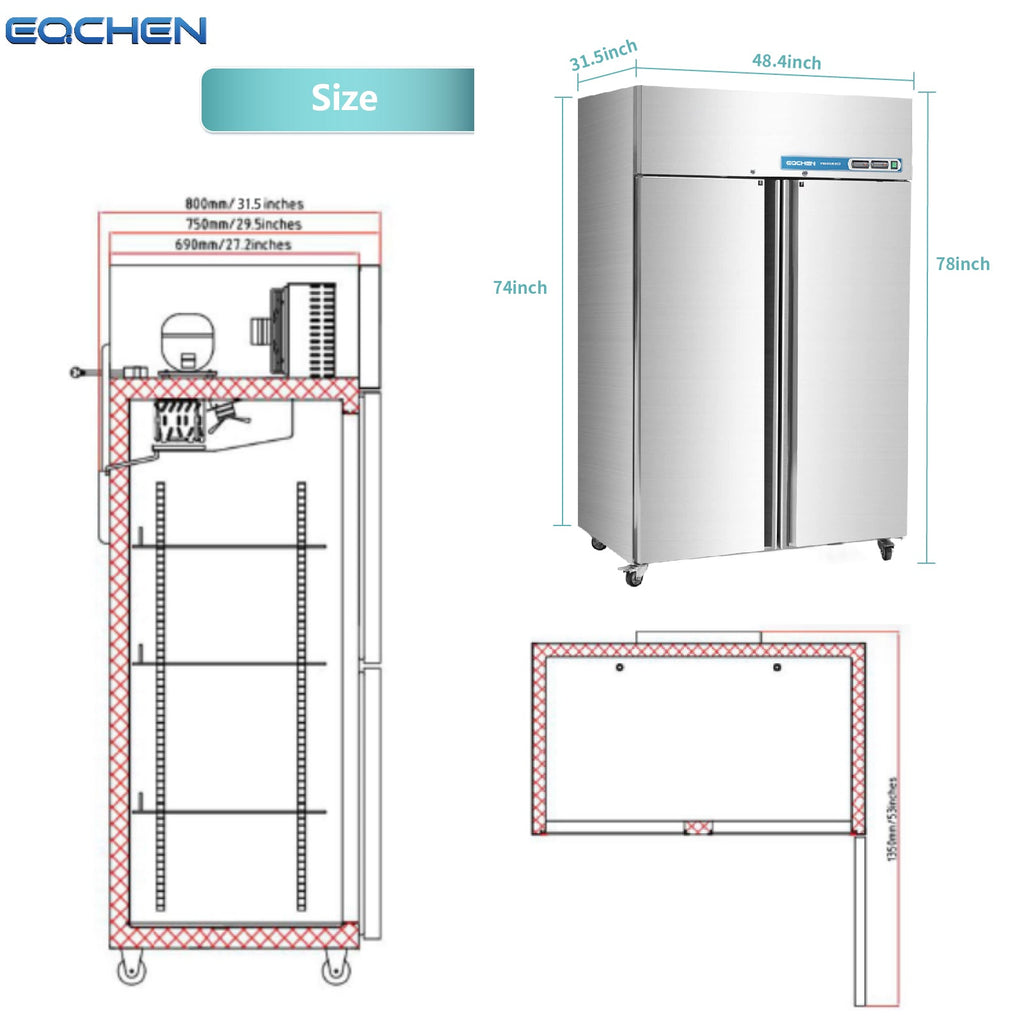 Commercial Reach In Fridge and Freezer Combo, EQCHEN 48" 2 Door Commercial Refrigerator and Freezer Combination