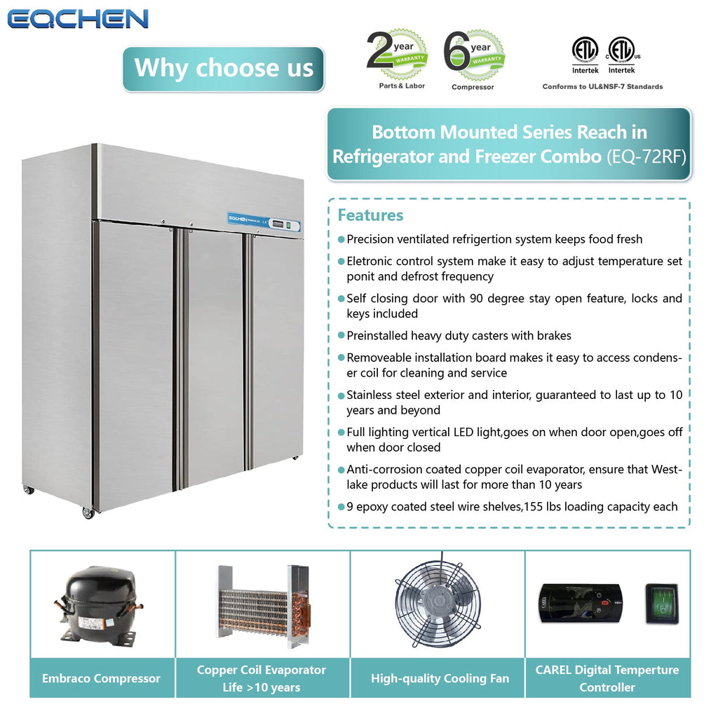 Commercial Reach In Fridge and Freezer Combo, EQCHEN 72" 3 Door Commercial Refrigerator and Freezer Combination