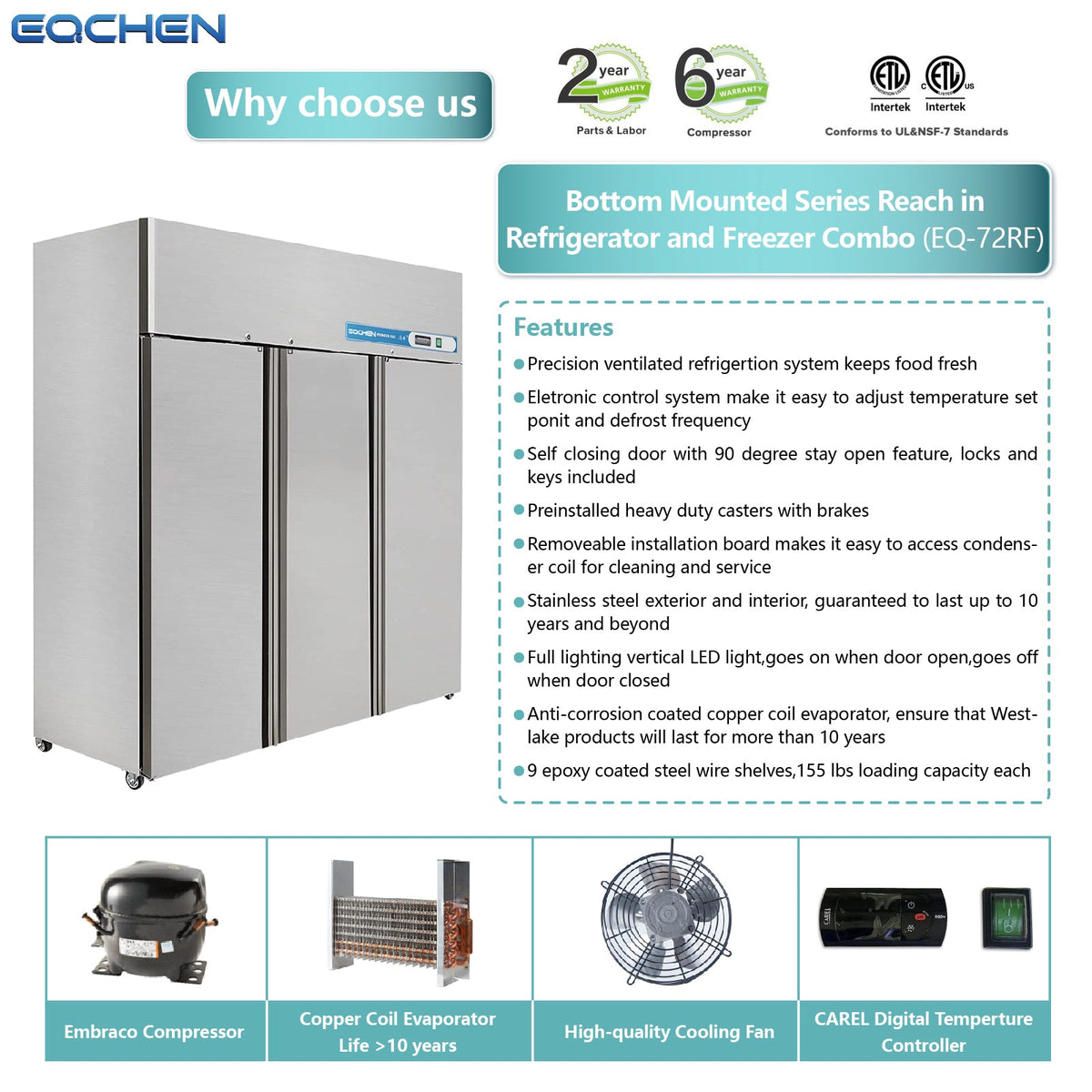 Commercial Reach In Fridge and Freezer Combo, EQCHEN 72" 3 Door Commercial Refrigerator and Freezer Combination