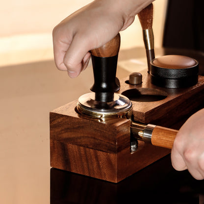 Walnut wood coffee tamper, powder dispenser, solid wood base for storing espresso machine accessories set, 58mm.