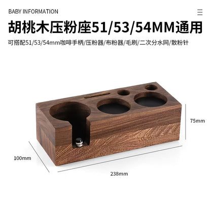 Walnut wood coffee tamper, powder dispenser, solid wood base for storing espresso machine accessories set, 58mm.