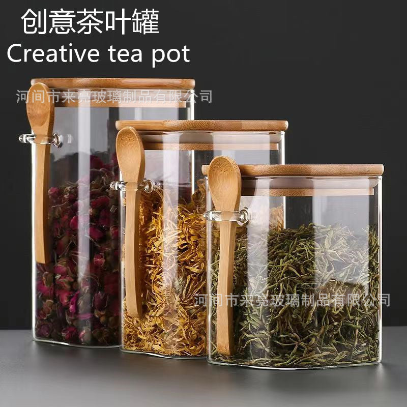 Glass jar with wooden lid, tea canister with spoon, transparent coffee/tea caddy, kitchen glass tea storage jar, single jar gift box.