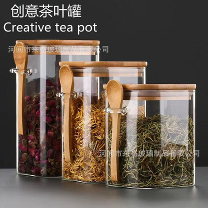 Glass jar with wooden lid, tea canister with spoon, transparent coffee/tea caddy, kitchen glass tea storage jar, single jar gift box.