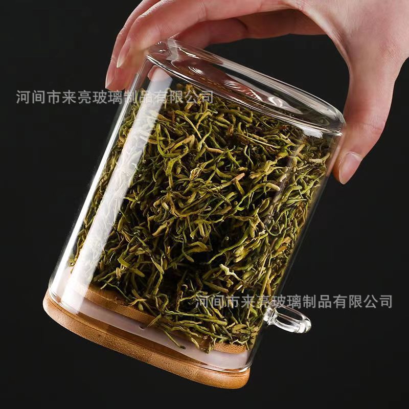 Glass jar with wooden lid, tea canister with spoon, transparent coffee/tea caddy, kitchen glass tea storage jar, single jar gift box.