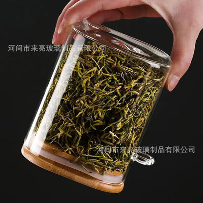 Glass jar with wooden lid, tea canister with spoon, transparent coffee/tea caddy, kitchen glass tea storage jar, single jar gift box.