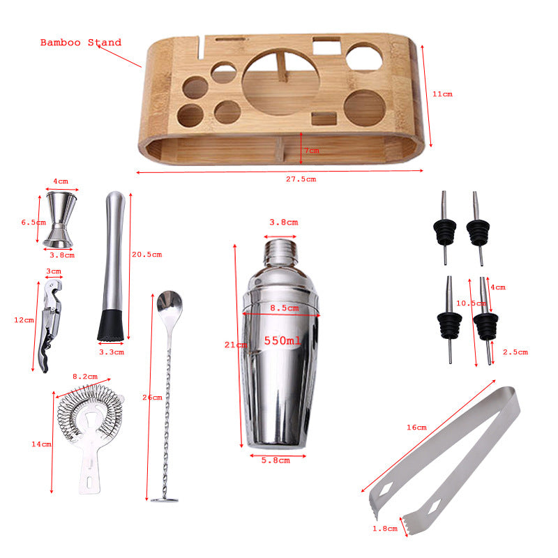 Stainless steel bartender cocktail shaker bartending tool set with oval bamboo base for storage