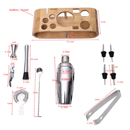 Stainless steel bartender cocktail shaker bartending tool set with oval bamboo base for storage
