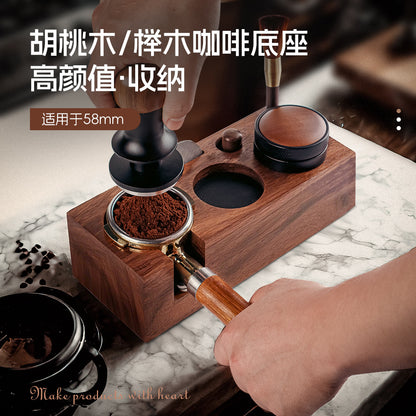 Walnut wood coffee tamper, powder dispenser, solid wood base for storing espresso machine accessories set, 58mm.