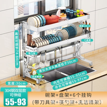Telescopic 304 stainless steel kitchen sink rack put dish rack dish drain rack sink dish storage rack