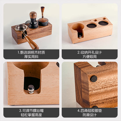 Walnut wood coffee tamper, powder dispenser, solid wood base for storing espresso machine accessories set, 58mm.