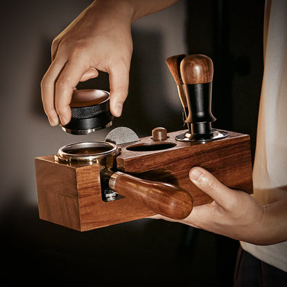 Walnut wood coffee tamper, powder dispenser, solid wood base for storing espresso machine accessories set, 58mm.