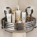 1-Pack Suction Cup Corner Shower Shelf - Stainless Steel, No-Drill, Anti-Rust, with Hooks for Bathroom Toiletries & Shower Gel