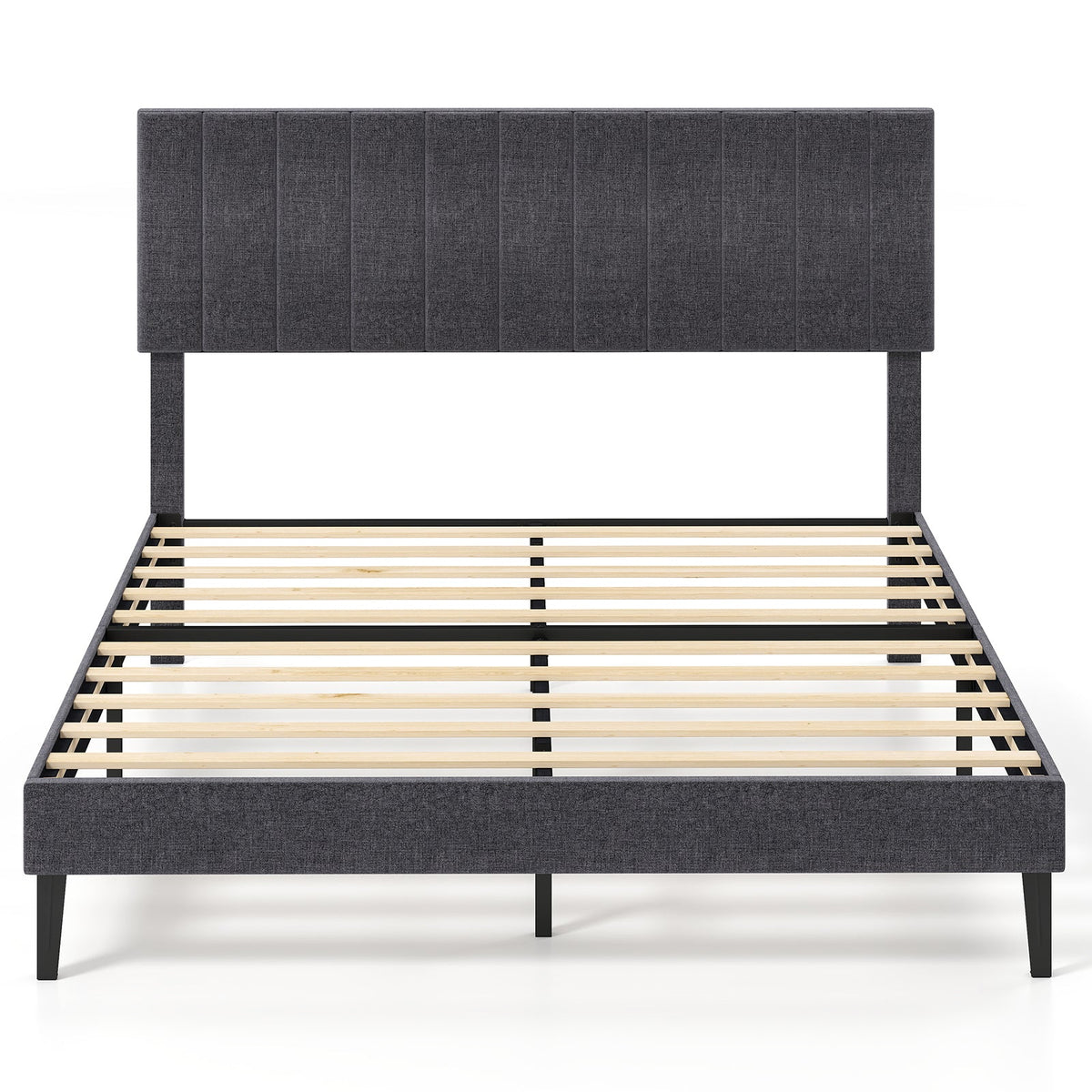 Velvet Upholstered Platform Bed with Height Adjustable Vertical Channel Headboard