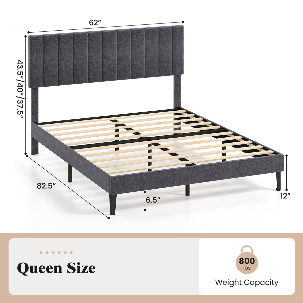 Velvet Upholstered Platform Bed with Height Adjustable Vertical Channel Headboard