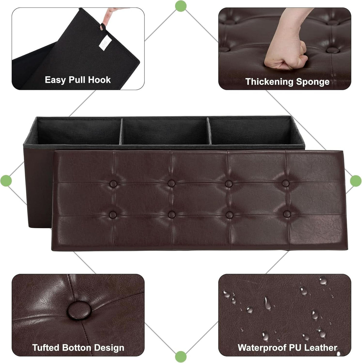 Forty Three Inches Folding Storage Ottoman Bench Brown Leather