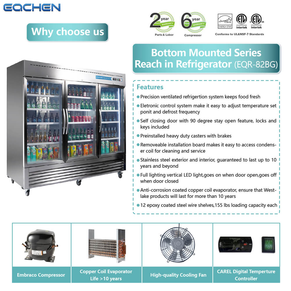 3 Door Commercial Display Refrigerator, EQCHEN 82 Inch Commercial Drinks Fridge