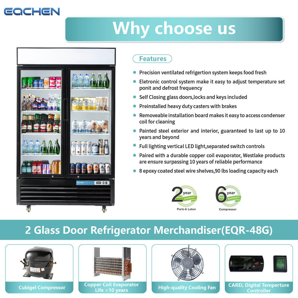 2 Door Commercial Display Refrigerator, EQCHEN 48 Inch Commercial Drinks Fridge